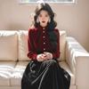 Camisa de Terciopelo Roja con Lazo y Cuello Semi-Alto de Manga Larga Traje de Dos Piezas Nuevo Año Ropa de Año Nuevo Estilo Pequeño Chanel Traje de Moda