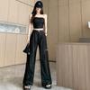 Traje de mezclilla fino estilo Hong Kong para mujer, nuevo top de tubo de moda de verano + pantalones de fregona rasgados de pierna ancha y cintura alta