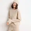 Suéter de Cachemir con Cuello Redondo de Punto de Maíz para Mujer, Nuevo Otoño e Invierno, Capa Base Cálida de Manga Larga, Suéter de Cachemir de Punto de Color Sólido