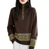 Tricô Jacquard Fair Isle Retro Francês com Meio Zíper para Mulheres Suéter Cinza Estilo Preguiçoso Aconchegante Espessado Camada de Base