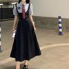 Talla Extra Vestido Falso de Dos Piezas para Mujer Verano Nuevo Estilo Preppy de Manga Corta Cintura Estilizadora Falda de Línea A