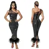 C6666 Moda Europeia e Americana Transfronteiriça Aliexpress Amazon Vestido Feminino de Uma Alça com Renda, Strass e Penas Faixa