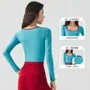 Outono Novo Contraste de Cor Roupas de Yoga para Mulheres com Bojos, Tops de Gola Redonda, Camisetas, Pilates Corrida Esportes Fitness Mangas Compridas