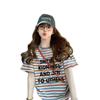 Diseñada con Empalme de Encaje, Camiseta de Manga Corta de Algodón Puro para Mujer, Estilo Europeo Oversize con Estampado de Letras, Top Versátil de Rayas Holgado