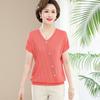 Camiseta de manga corta de seda de hielo, nueva camiseta de verano para madres, cuello en V, estilo occidental, suéter fino, ropa adelgazante para mujeres de mediana edad y mayores.