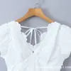 Top Jacquard Estilo Francês para Blogueira 2026 com Zíper nas Costas, Mangas Bufantes, Decote em V, Ajuste na Cintura, Emagrecimento, Blusa com Amarração Frontal