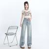 Jeans Anchos Lavados Estampados Naranja Infantil # Estilo Nuevo de Verano para Mujer, de Tiro Alto, Ajustados, Relajados, Casuales y Versátiles