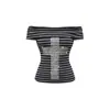 Verão 2025 Novo Top de Rua Retrô Estilo Americano Cruz de Strass Ombro a Ombro Manga Curta Slim Fit para Meninas Quentes