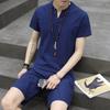 Verano 2018 Nuevo Estilo Chino Conjunto de Camiseta Casual de Manga Corta de Algodón y Lino para Hombre Moda Retro Conjunto de 2 Hebillas Moderno para Hombre