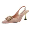 [Procesamiento Personalizado] Sandalias de Tacón de Aguja con Punta Fina Estilo Francés para Mujer con Hebilla Cuadrada de Pedrería, Zapatos de Tacón Alto de Piel Suave Satinada