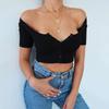 Top curto decote V de um botão ombro a ombro Europeu e Americano Sexy Slim-fit garota popular T-shirt versátil preto