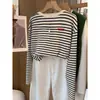 Camiseta de Manga Larga con Cuello Redondo, de Algodón Puro, Hombro Recto y Rayas, Nueva para 2026, para Mujer, Top Elegante y Versátil, Camiseta Básica para Otoño