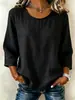 2026 Transfronterizo Amazon Europeo y Americano Verano y Otoño Nueva Ropa de Mujer Color Sólido Cuello Redondo Manga de Tres Cuartos Algodón y Lino Holgado Casual Top