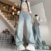 Jeans de Cor Clara de Perna Larga Feminino Outono 2024 Novo Plus Size Cintura Alta Dosagem Solto Emagrecimento Reto Calças Tendência