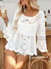 Saída de praia estilo europeu e americano, top de tricô, biquíni feminino, renda de crochê, caimento solto, manga longa, top de férias