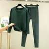 Conjunto Duas Peças Novo Outono e Inverno Feminino Quente Manga Longa Gola Redonda Barra Arredondada Camada de Base Manga Longa Inserida Gola Redonda Barra Arredondada Calça Stretch Modeladora