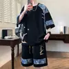 Traje de Verano Estilo Chino de Manga Corta para Hombre Casual Holgado Talla Grande Moda Patchwork Camiseta de Cuello Redondo Pantalones Cortos Conjunto de Dos Piezas