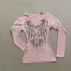 Camiseta de Manga Larga para Mujer con Cuello en V, Estilo Americano Y2K, Estampado Geométrico Rosa, Pulóver para Todas las Estaciones