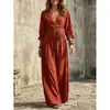 Vestido de Encaje con Cuello en V y Cinturón, Manga de Campana Tres Cuartos, Otoño 2026, Europeo y Americano, Vestido de Otoño para Mujer