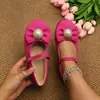 Zapatos Mary Jane para mujer con lazo y adornos de perlas, color albaricoque, de una sola tira, puntera redonda, suela plana, disponibles en tallas más grandes para mercados internacionales