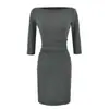 Vestido de hombros descubiertos con manga de tres cuartos para mujer, nuevo estilo otoño 2026, estilo chica hot americana, color liso, corte ajustado, vestido bodycon fruncido