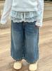 Ropa para Niñas Coreana Set 2024 Estilo Otoñal Dulce Camisola de Capas de Manga Larga Conjunto de Dos Piezas Encaje Jeans