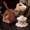 Fabricante Pó de Pêssego Pintado à Mão Flor de Pessegueiro Copo Rápido Cerâmica Portátil Conjunto de Chá de Viagem Conjunto de Chá para Uma Pessoa Bolsa de Armazenamento