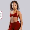 Sujetador deportivo cruzado de nailon mate de alta elasticidad con cuello halter, espalda descubierta fruncida para mujer, sujetadores deportivos al por mayor