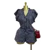 Ropa de Mujer Transfronteriza Europea y Americana Verano 2026 Nueva Moda Elegante Camisa de Manga Corta Rayada con Cuello en V Conjunto de Shorts de Cintura Alta