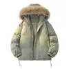 Jaqueta de algodão com capuz e gola grande de pelo para o inverno para casais, jaqueta puffer de corte solto com barra ajustável por cordão, jaqueta de algodão à prova de frio masculina
