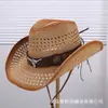 Sombrero vaquero de paja tejida con diseño calado estilo retro americano para hombre y mujer, sombrero vaquero versátil para protección solar de verano