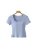 Nova Camiseta de Algodão Respirável de Verão para Mulheres, Gola U, Ombro Direito, com Bojo Embutido, Gola Redonda, Versátil, Efeito Emagrecedor, Mangas Curtas da Moda