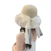 Sombrero de Paja con Flor de Encaje para el Sol de Verano para Mujer con Lazo y Perlas Decorativas en el Ala Sombrero de Sol para Vacaciones en la Playa