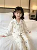Conjunto de pijama infantil, estilo fino para primavera e outono, roupa para casa com ar condicionado para meninas, cardigã de manga comprida, pijama doce estilo coreano de algodão nuvem para meninas