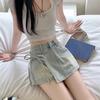 Shorts Jeans Falso Duas Peças Verão Saia Assimétrica de Alça Alta Linha A para Mulheres Petite Culotes Curtos