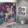 Cortina de Ducha Divertida de Dinosaurio y Unicornio Juego de Cuatro Piezas Alpaca Espacial Impresión Digital Cortina de Ducha Impermeable para Baño y Alfombrilla de Piso