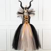 Vestido Longo Malévola Infantil Cosplay Halloween Bruxa Saia Tutu + Fivela de Cabeça