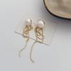 Pendientes largos de perlas de algodón con diseño de nicho, temperamento, pendientes de borla de dos piezas, pendientes ligeros de lujo de alta calidad.
