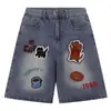 Pantalones de Mezclilla Bordados con Hilo Americano Tendencia Unisex Verano Holgados Transpirables Pantalones de Cinco Puntos Marca de Tendencia Casual Pantalones de Pierna Recta