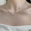 Colar de Prata com Laço e Pérolas com Corrente para Clavícula de Estilo Minimalista de Alto Padrão, Gargantilha Choker de Design Simples e de Luxo Leve