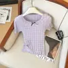 Top de Punto Hueco con Manga Corta y Lazo de Encaje para Mujer, Nuevo Top de Verano Dulce Ajustado Versátil para Mujer