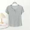 Camiseta Fina Elástica de Manga Corta con Cuello en V para Mujer, Mezcla de Algodón y Poliéster de Alta Calidad, Color Sólido, Versátil y Adelgazante, con Media Botonadura