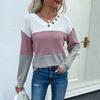 Site Independente da Amazon Comércio Exterior Transfronteiriço Suéter de Tricô Fino Gola V Manga Longa Color Block Primavera e Outono Feminino