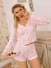 Conjunto de Dos Piezas para Mujer 2026 Primavera/Verano Ropa de Casa Transfronteriza Europea y Americana Cardigan de Punto con Estampado de Lazo de Manga Larga y Pantalones Cortos Pijama