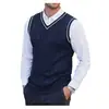 Novo colete de malha masculino sem mangas com decote V para outono e inverno, suéter quente, colete de lã liso