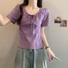 Camiseta de algodón 210g talla grande diseño de chica regordeta manga corta mujer retro francés espina de pescado ajustada corta chaqueta rejuvenecedora