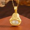 Collar de Plata Esterlina S925 Jade Hetian Natural Maitreya Buda para Mujer Colgante de Jade con Incrustaciones de Oro Estatua de Buda Sonriente Cadena de Clavícula Moderna Versátil