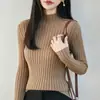 Suéter de malha canelada 100% algodão de alta qualidade estilo francês para mulheres, gola alta discreta, novo corte justo, suéter cinza quente