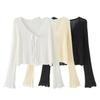 2291-24 Novo Estilo de Verão Francês Puro Desejo Fino Casual Cadarço Recorte Decote V Manga Sino Malha Camisa Proteção Solar