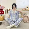 Algodón de Nube Verano Nuevo Cárdigan Solapa Manga Corta Pantalones Chica de Dibujos Animados Dulce Hogar Atuendo traje Pijama